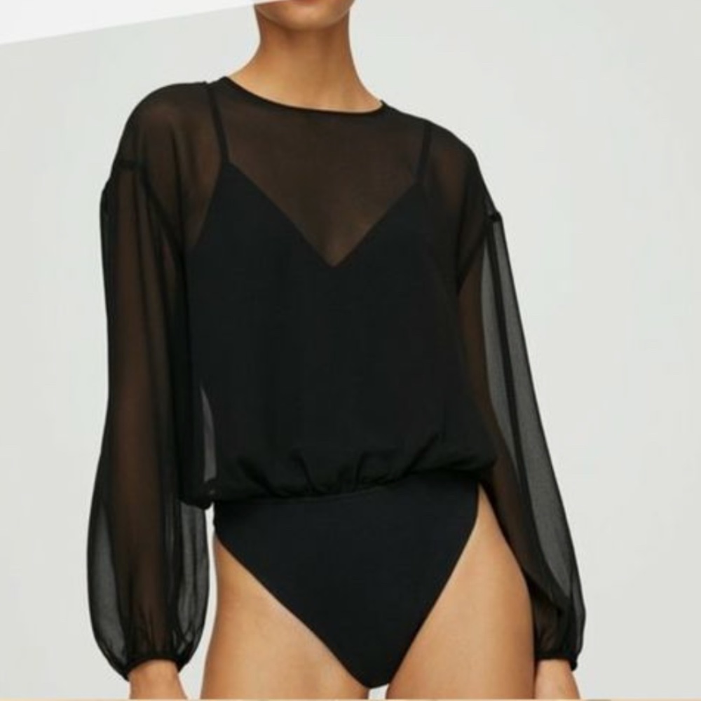 Aritzia Black Sheer Long-Sleeve Blouson Bodysuit